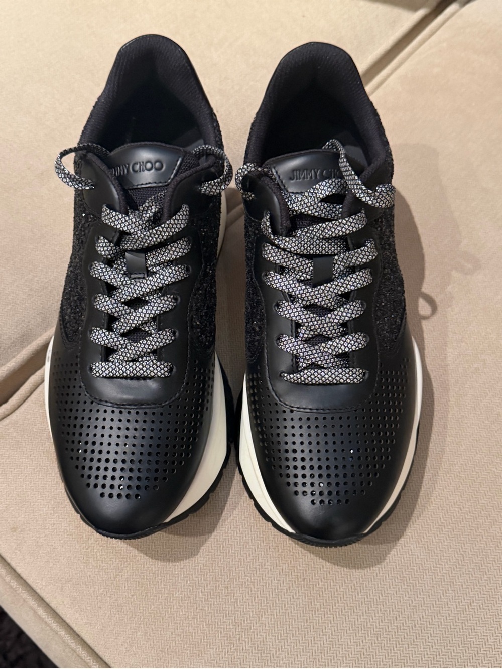 Jimmy Choo Black & White Perforated Leather Runner Sneakers. Worn to try on 1x.